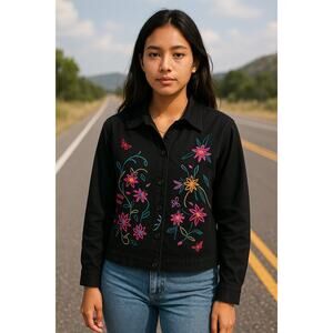 Vintage white stag Floral Embroidered Black Jacket shacket size medium 90s